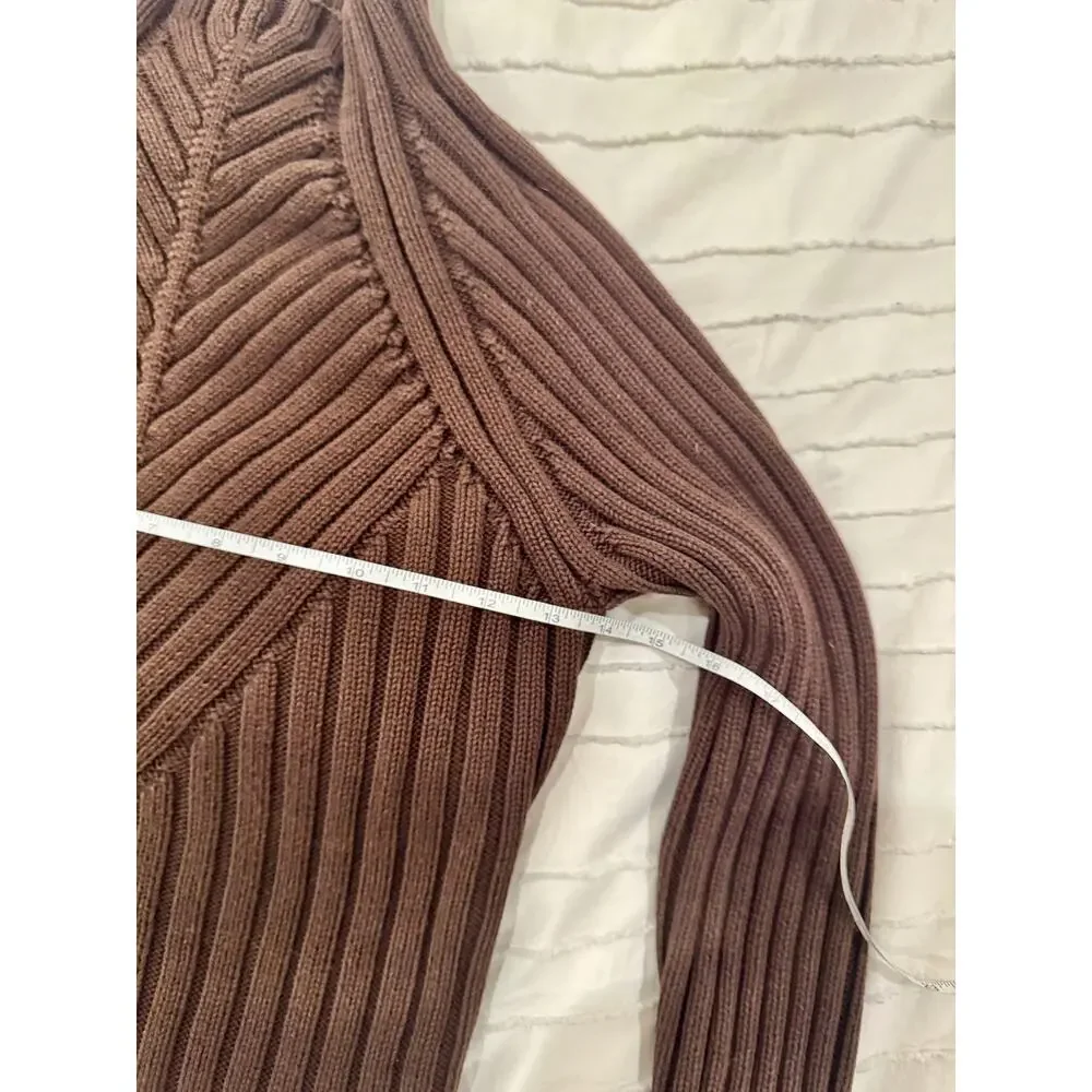 Ribbed Mock Neck Sweater Women's Small Brown Cotton Dark Academia Minimalist - Picture 11 of 16